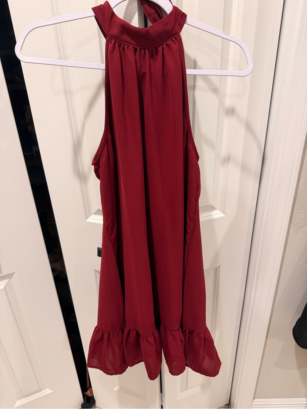 SHEIN Burgundy Halter Neck Ruffle-Hem Mini Dress